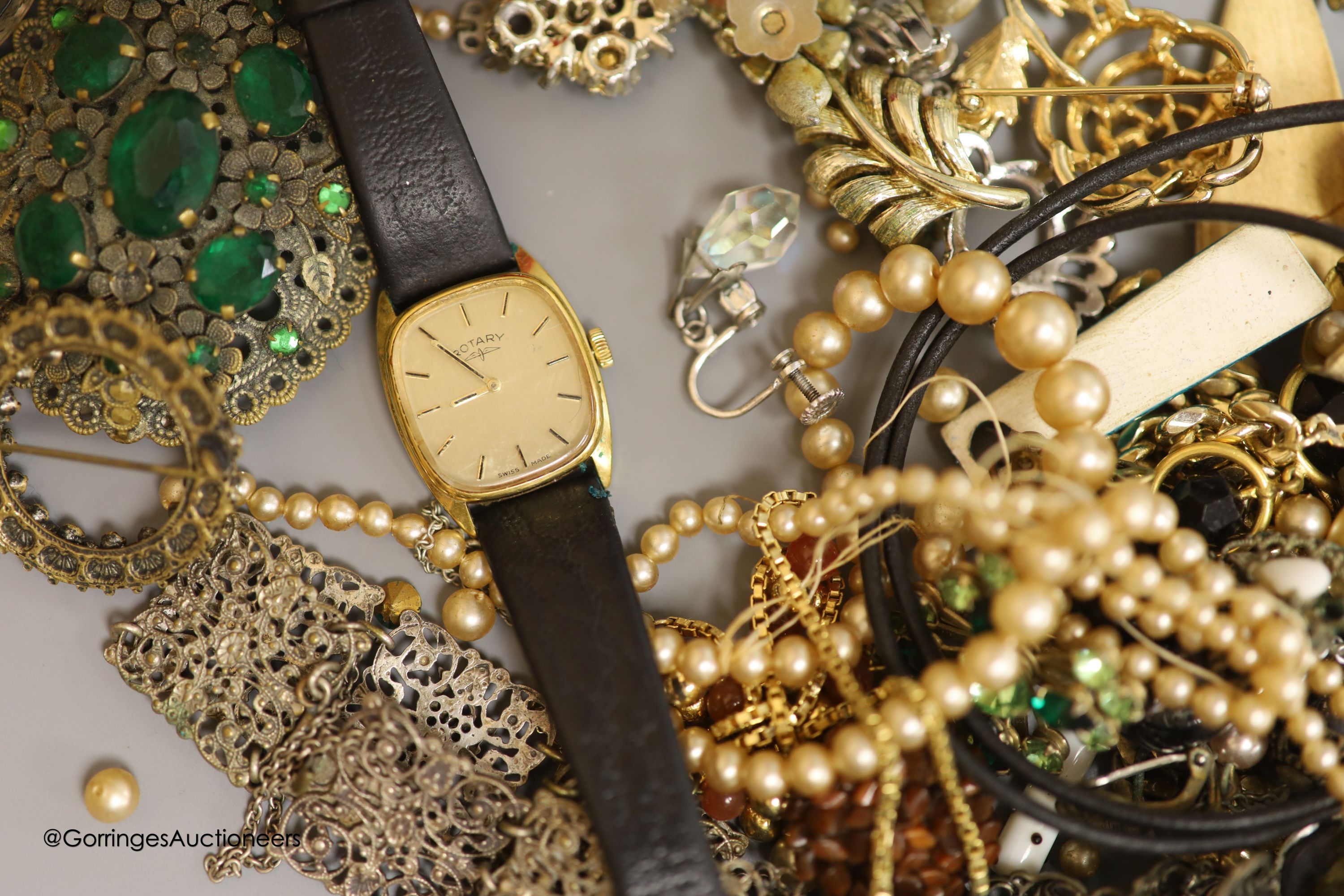 A collection of costume jewellery and other items, including a mother of pearl flower pendant with 9ct suspension